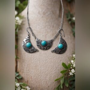 Tribal Howlite Crescent Moon Jewelry Set • Silver Statement Choker & Earrings 🌙